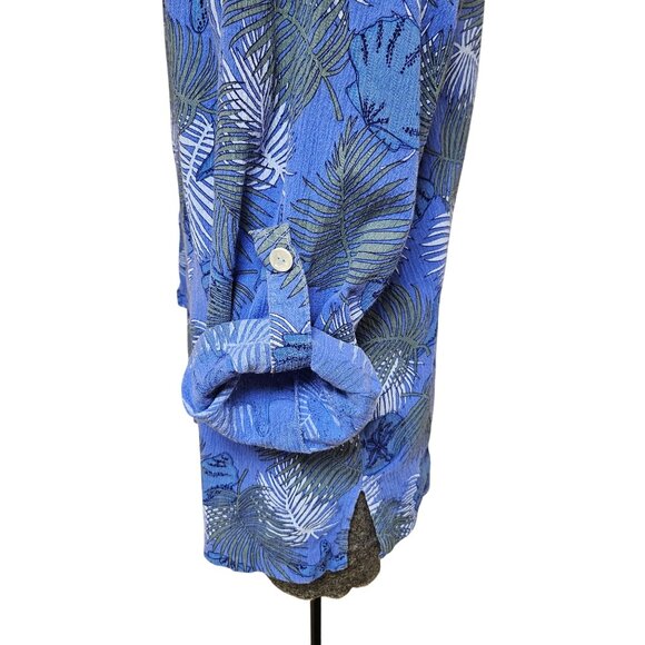 Icantoo Blouse Womens Size M Blue Tropical Print Button Up Shirt Top Cotton - Picture 6 of 8